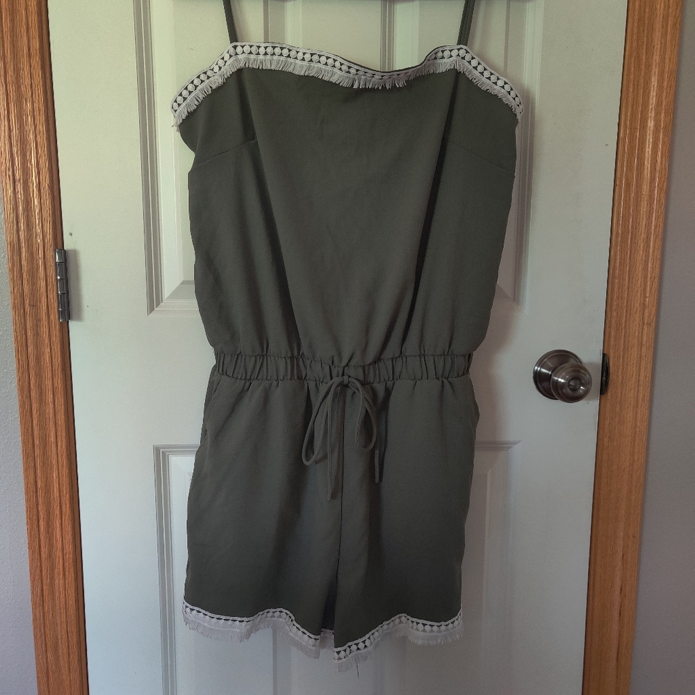 Green Sleeveless Romper with White Trim